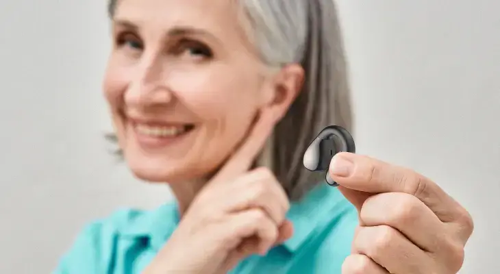 woman using earphones